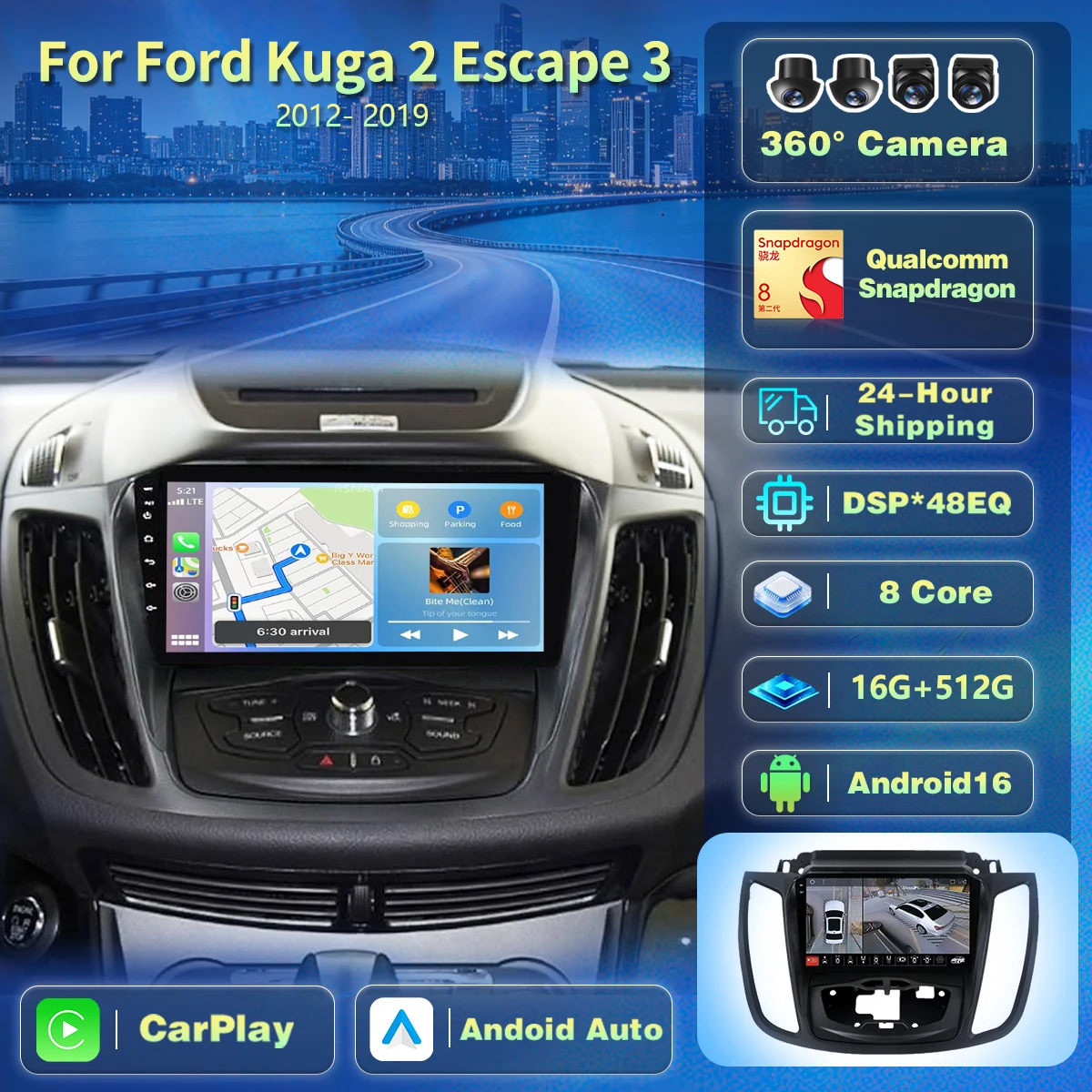 Tela QLED 2K Android 16 Qualcomm, rádio automotivo para Ford Kuga 2 Escape 3 2012-2019 com Carplay, vídeo, GPS, Wifi+4G e comando de voz AI.