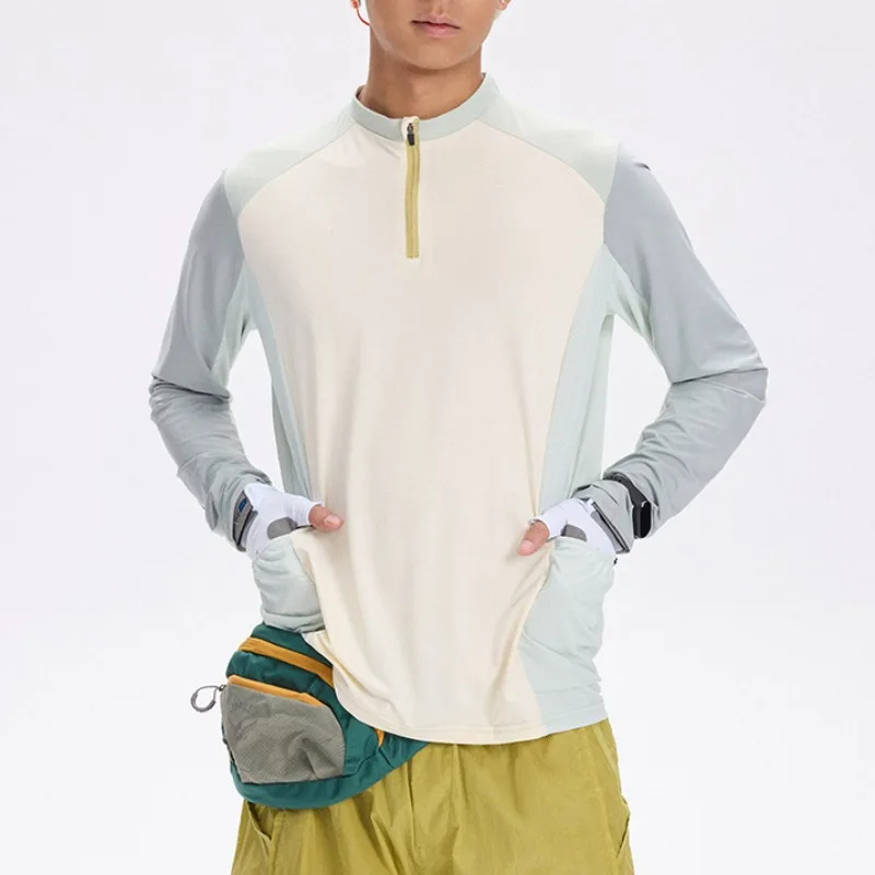 Sunscreen Quick Drying Cool Riding Long Sleeved T-shirt Half Zipper Neutral Style Color Blocking
