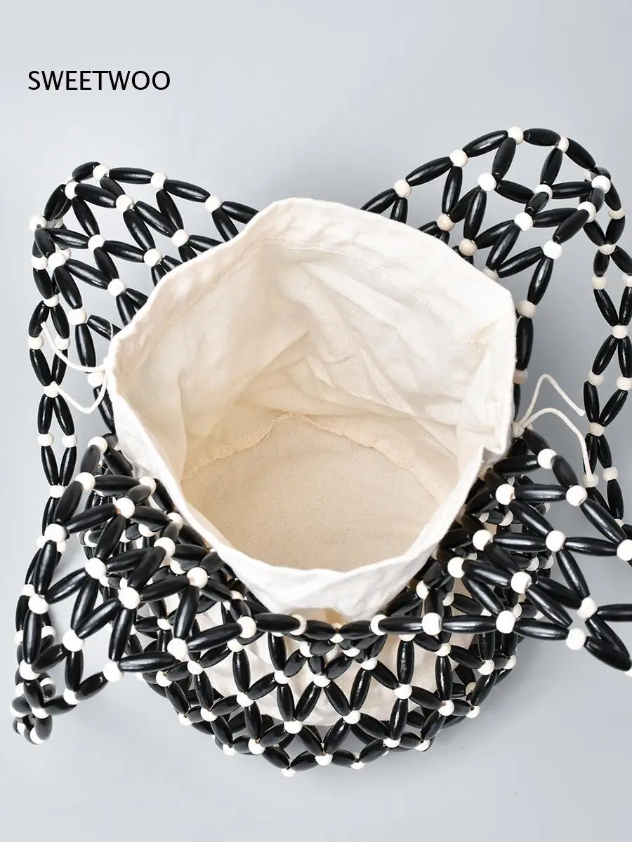 Women Vintage Wood Bead Knit Shoulder Bag Hollow Bucket Tote Bag with Removable Lining Boho Style Portable Handbag