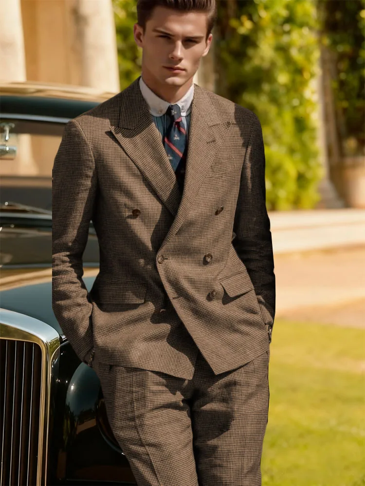 

Houndstooth Man Suit set 2 piece Brown Fashion suit set (Jacket+Pants) Double row casual men suit set for Business work banquet