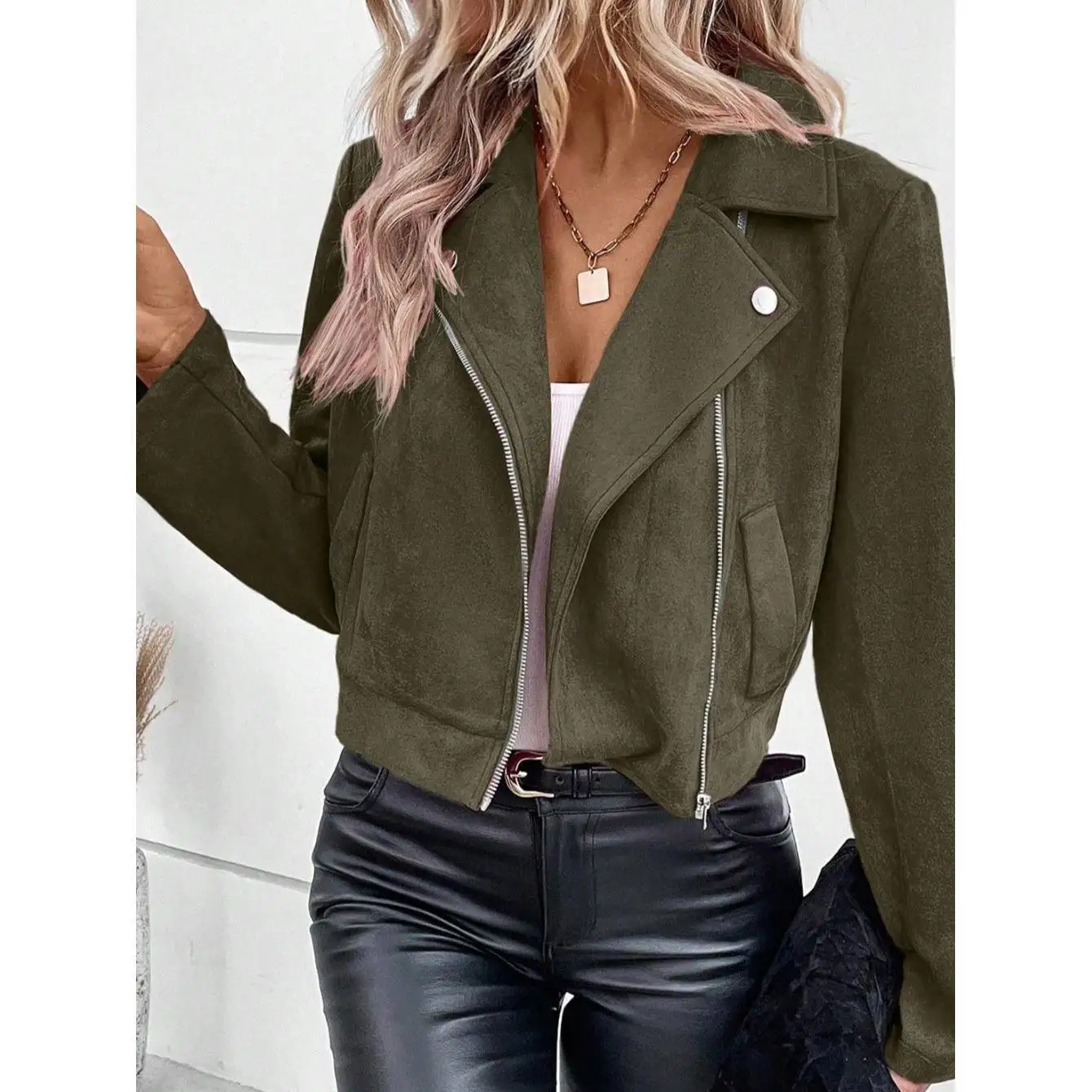 Rosa Reißverschluss-Jacke Herbst Winter Neue Modische Revers Lange Ärmel Leder-Samt Damen-Oberteil in Sechs Farben