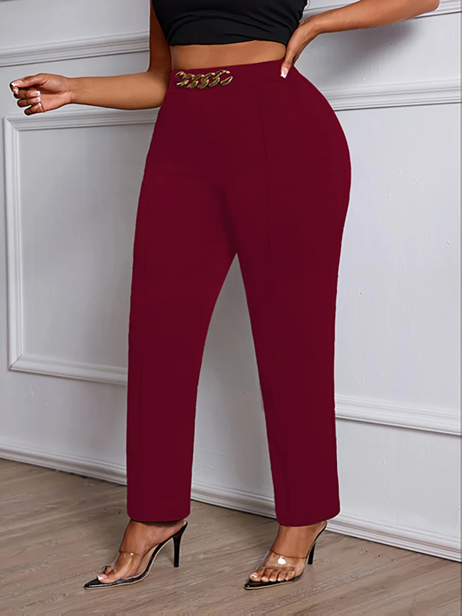 

Plus Size Women Pant High Waist Chain Detail Solid Color Straight Leg Bottoms Elegant Spring Summer Chic Office Stretchy Bottoms