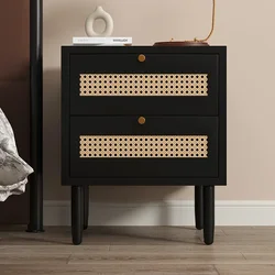 Retro Rattan Modern Nightstand - Minimalist Side Cabinet Versatile Bedroom Organizer Small Wooden Storage Bedside Table
