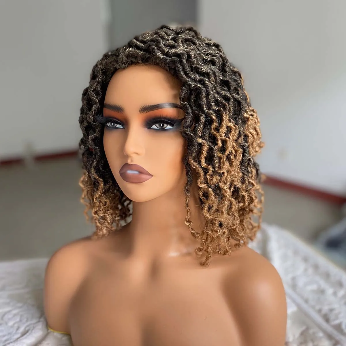 Faux Locs Dreadlock Wigs For Black Women Short Goddess Twist Locs Wig Brown Highlight Color Afro Braided Wigs Synthetic Hair