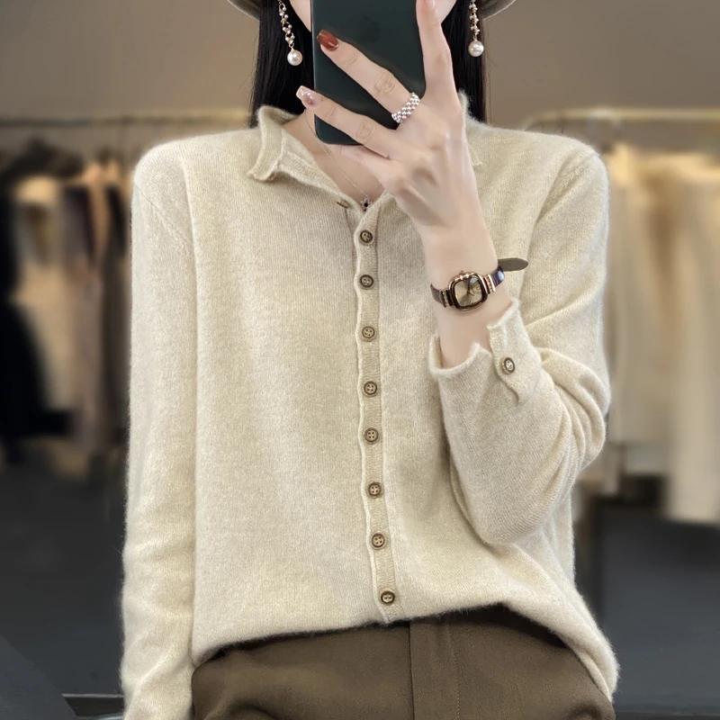 100% Wool Women's Cardigan Sweater Casual Loose Solid Color Cashmere Knitted Long Sleeve Thin Women's O-Neck Sweater New Special