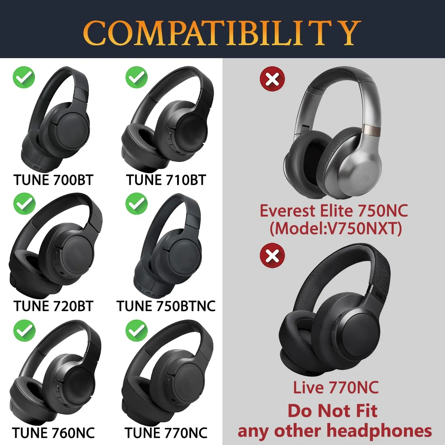 وسادات الأذن وعصابة الرأس لسماعات JBL Tune 700BT، 710BT، 720BT، 750BTNC، 760NC، 770NC استبدال وسائد الأذن