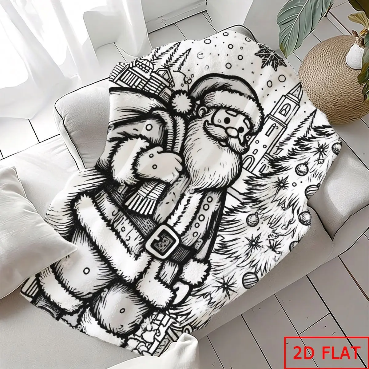 1pc 2D Flat Extra Large Santa & Gift Box Fleece Blanket, Black White Line Art Print, All Season Soft Throw, Machine Washable