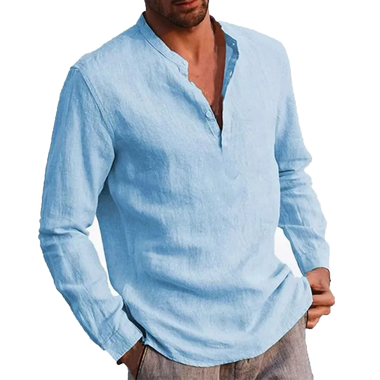 Men Exquisite Shirts Summer Classic Cotton Linen Button-Down Stand Collar Shirts Causal Solid Color Loose Long Sleeve Shirts