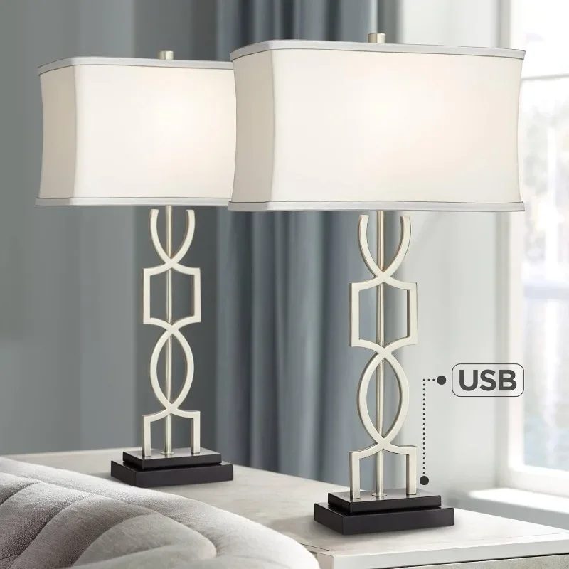 

Evan Modern Table Lamps 28 1/2" Tall Set of 2 with USB Charging Port Brushed Nickel Silver White Rectangular Shade