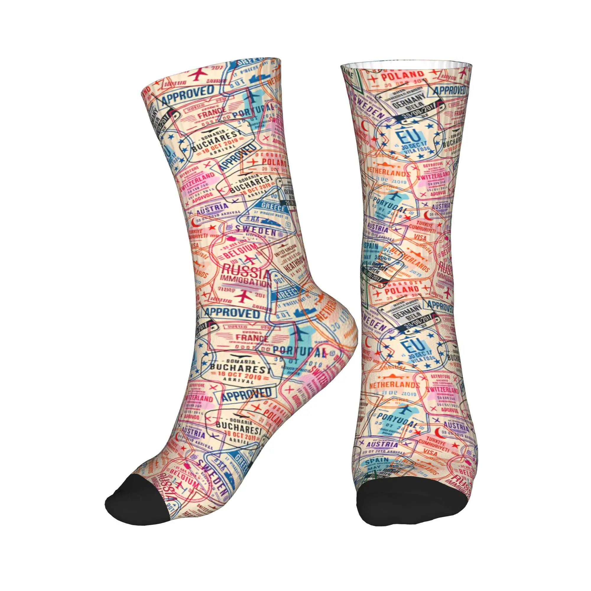Pastel Europe Travel Collage Passport Stamps Pattern Men Women Crew Socks Unisex Cute 3D Printing  Dress Socks