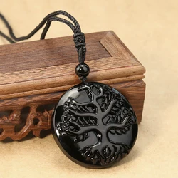 Natural Obsidian Laser Carving Tree of Life Pendant Necklace for Men Women Lucky Amulet Sweater Chain Meditation Jewelry Gifts