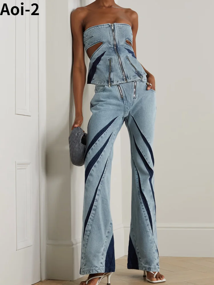 American Style Spice Girl Denim Suit Women's 2023 Summer Vintage Street Hollow Tube Top+Double Zipper Flared Jeans 2-Piece S