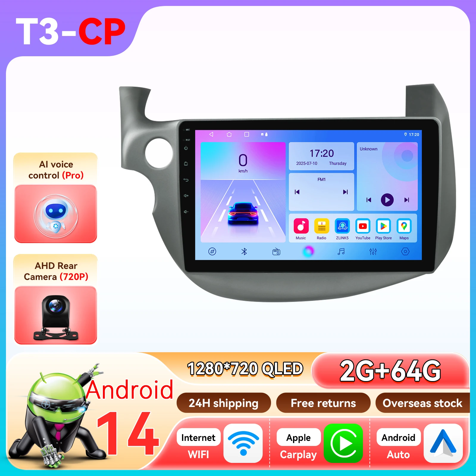 Draadloze CarPlay Android Auto autoradio voor Honda Jazz Fit 2007-2014 Intelligente Systemen GPS Multimedia Stereo Touchscreen 6115