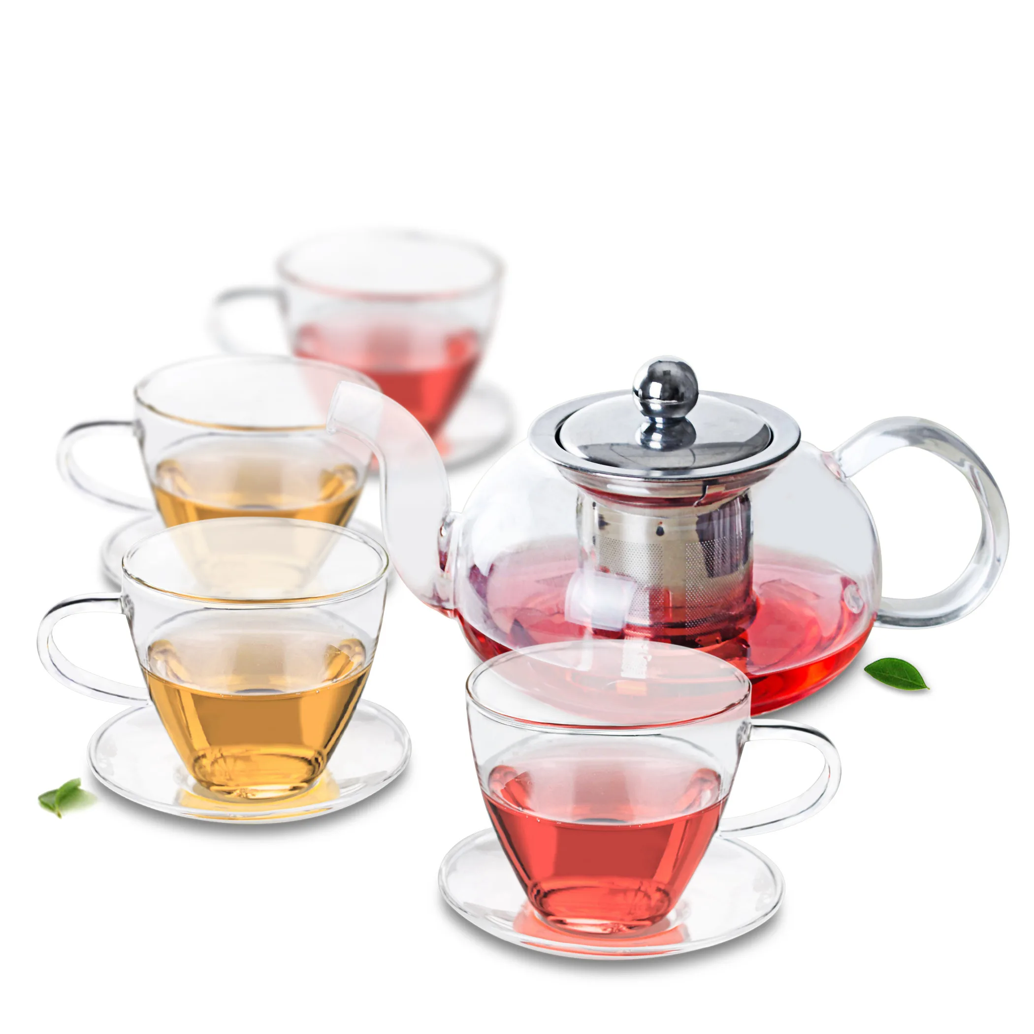 

1x Heat Resistant Glass Tea Set -625ml Teapot w/Stainless steel Strainer & Lid+4x Sets of 160ml Tea Cups & Saucers