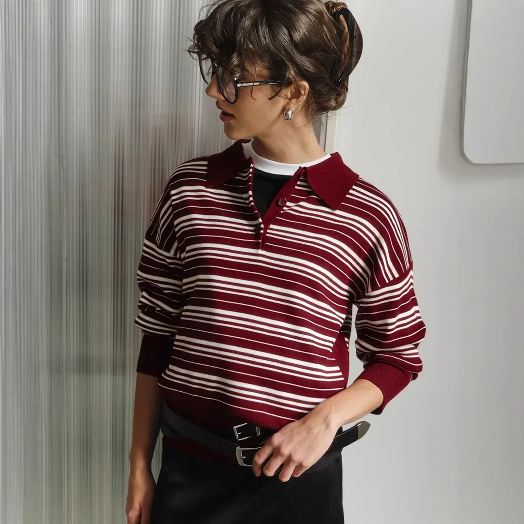 Women's Vintage Contrast Striped Knitted Polo Collar T Shirt Autumn Long Sleeve Fashion Retro Casual Trend Female Pullovers Top
