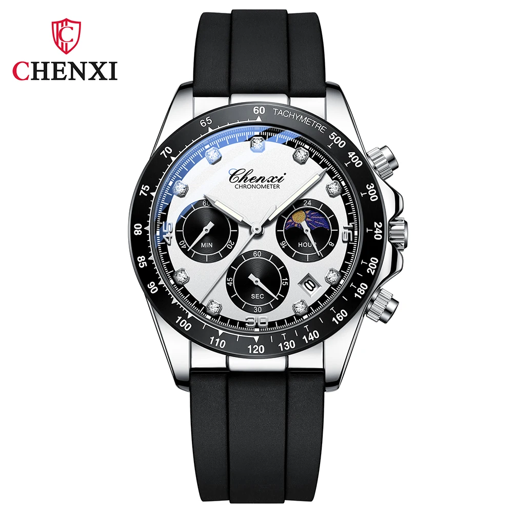 Chenxi multi-funcional esportes pulseira de silicone homem relógio fase da lua à prova dwaterproof água cronógrafo negócios casual quartzo relógios masculinos