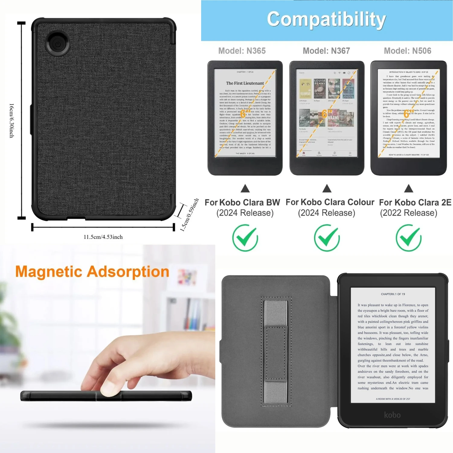 For Kobo Clara Colour BW 2024 2E Case with Hand Belt Holder Strap 6 inch Sleep Wake Ebook Cover N367 N365 N506 Capa Funda Hoesje