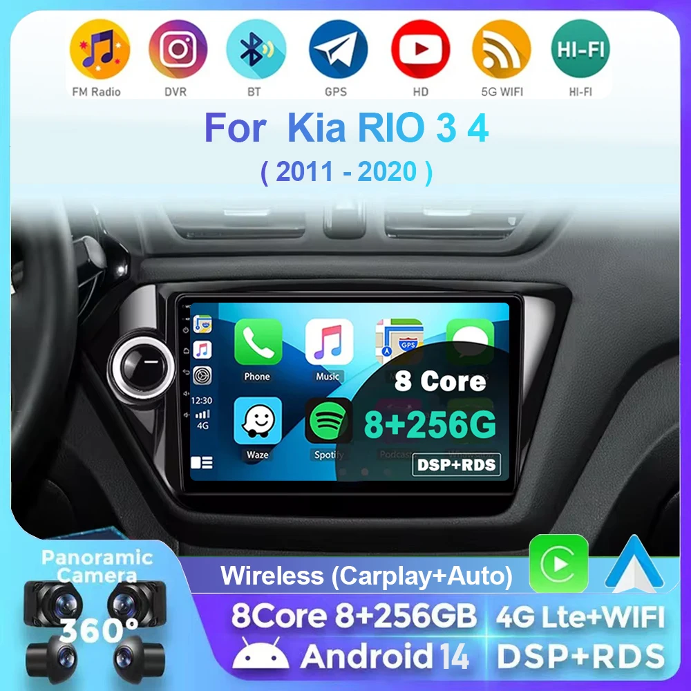 

For Kia RIO 3 4 2011 2012 2013 2014 2015 - 2020 Android 14 4G+WiFi Car Radio Multimedia Player GPS Navi Stereo Head Unit Carplay