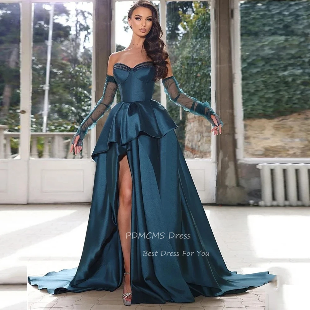 

Elegant Strapless Formal Evening Dresses Pleat Beading Saudi Arabic Prom Gowns Sexy Tiered Formal Occasion Dress High Low Ruched