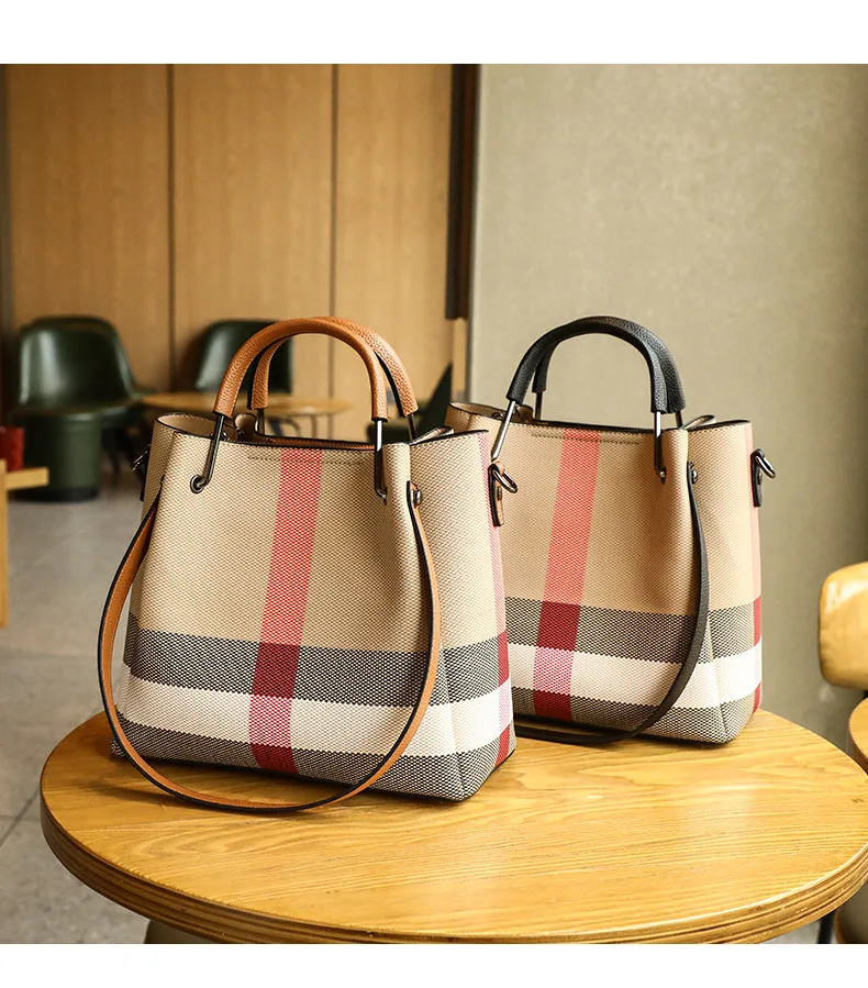 New Retro Plaid Patchwork Bucket Handbag Bag for Women Large Capacity Canvas with Microfiber Leather Ladies Tote Bag 28 cm