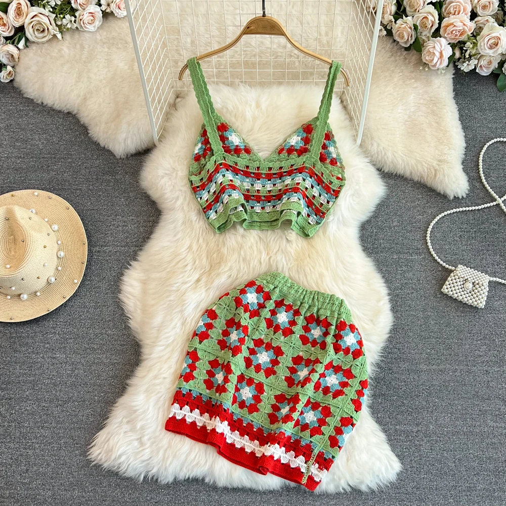 2023 New Summer Beach Vacation Women Skirt Suits Fashion Mixed Color Knitted Lace Sexy Camisole And Mini Skirt Two Piece Set