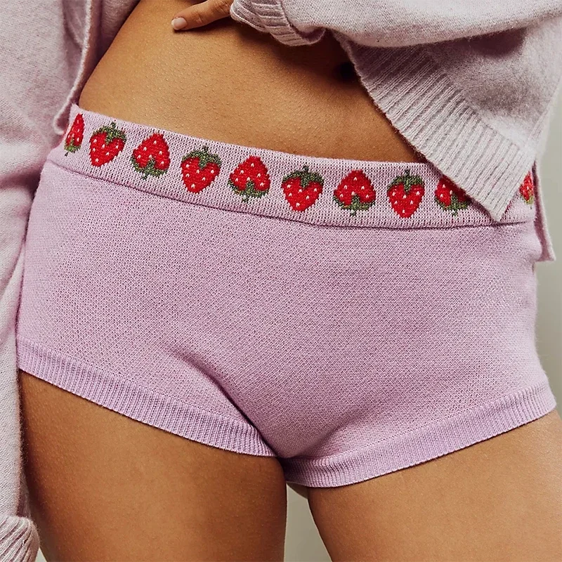 Sweet Girl Low-rise Slim Fit Bottom Cute Fruit Patterm Knitted Shorts 2000s Retro Kawaii Y2K Shortie Women Pants Streetwear