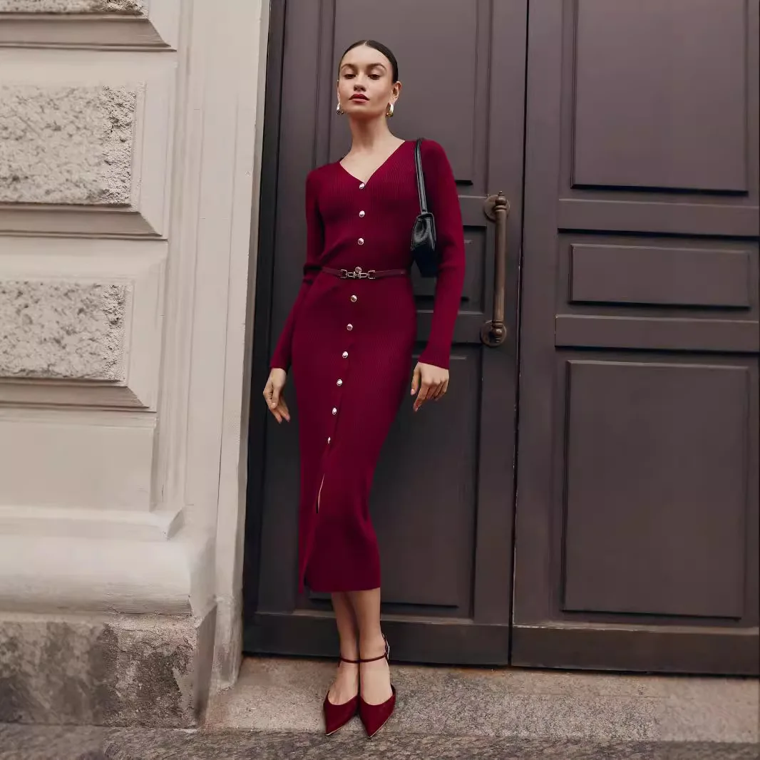 فستان نسائي محبوك بقصة ضيقة بفتحة رقبة على شكل حرف V ، فستان سترة بأكمام طويلة ، بصف واحد ، فتحة ، أحادي اللون ، خريف وشتاء ، جديد #2