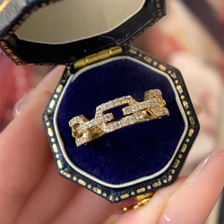Huitan Fashion Linked Design Gold Color Rings Full Paved Cubic Zirconia Bling Bling Women Accessories Hot Trendy Rings Jewelry