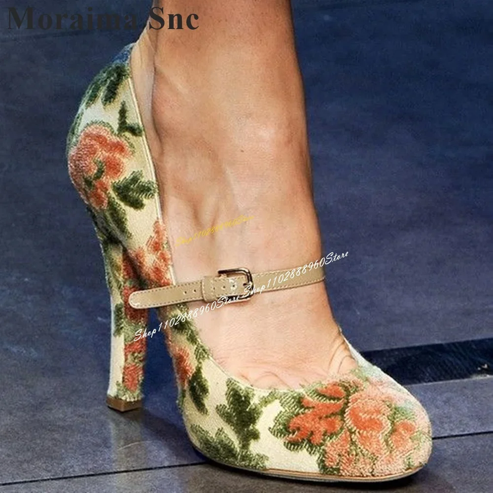 

Stylish Mixed Color Flower Print Pumps Thin High Heel Shoes For Women Buckle Strap Round Toe 2024 Fashion Zapatos Para Mujere