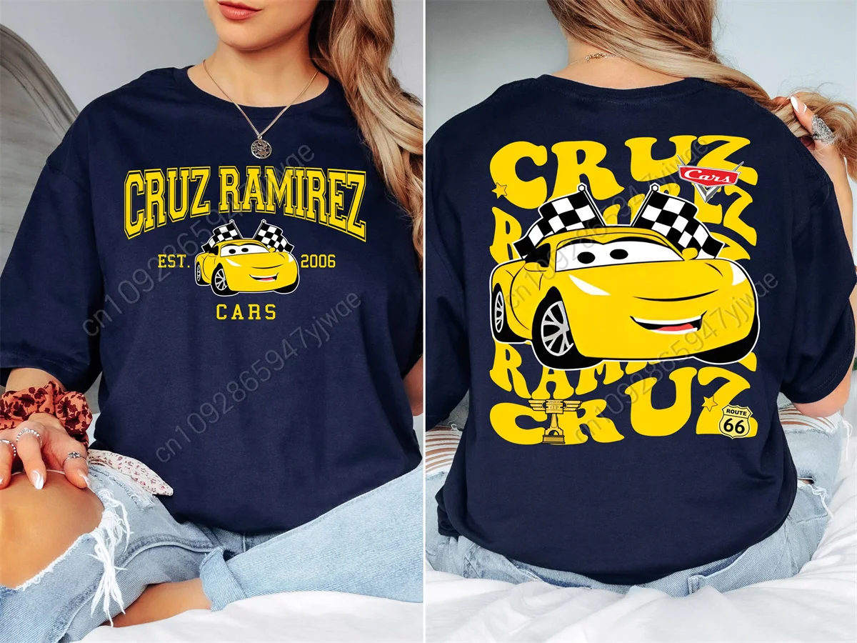 Disney Car Cruz Ramirez Tee Mcqueen And Friends Pattern Cotton Short Sleeved Summer Women'S Loose&Comfortable Streetwear T-Shirt