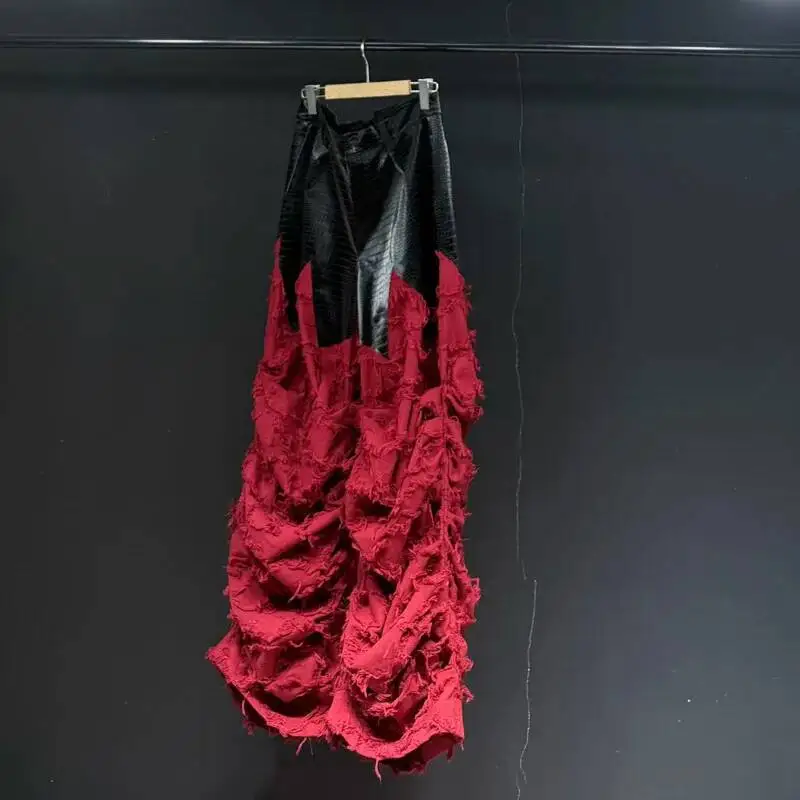 Fashion New Male Trousers Leather Splicing Ragged Style Pleated Loose Casual Men Pants 2025 Autumn New Clothing DFER56