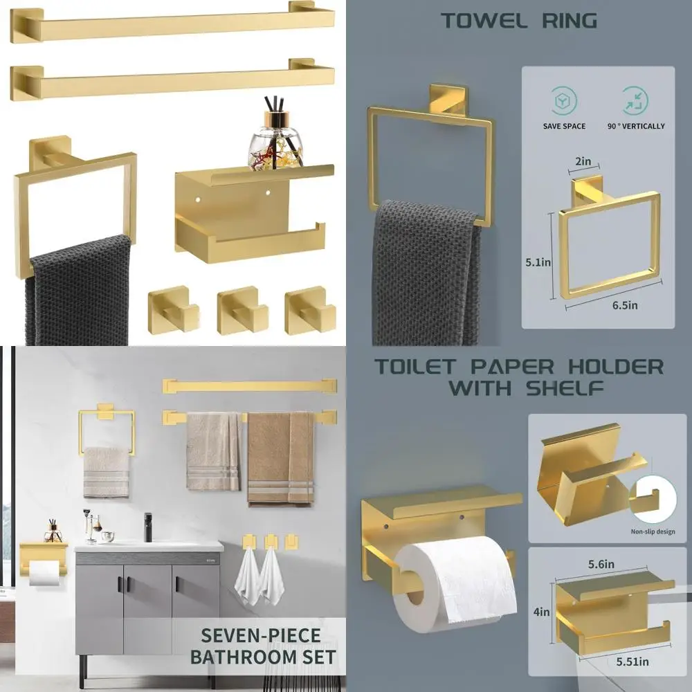 مجموعة أجهزة الحمام الذهبية - 7 قطع قضبان مناشف مربعة ذهبية مصقولة ورف وإكسسوارات من الفولاذ المقاوم للصدأ مقاس 23 بوصة