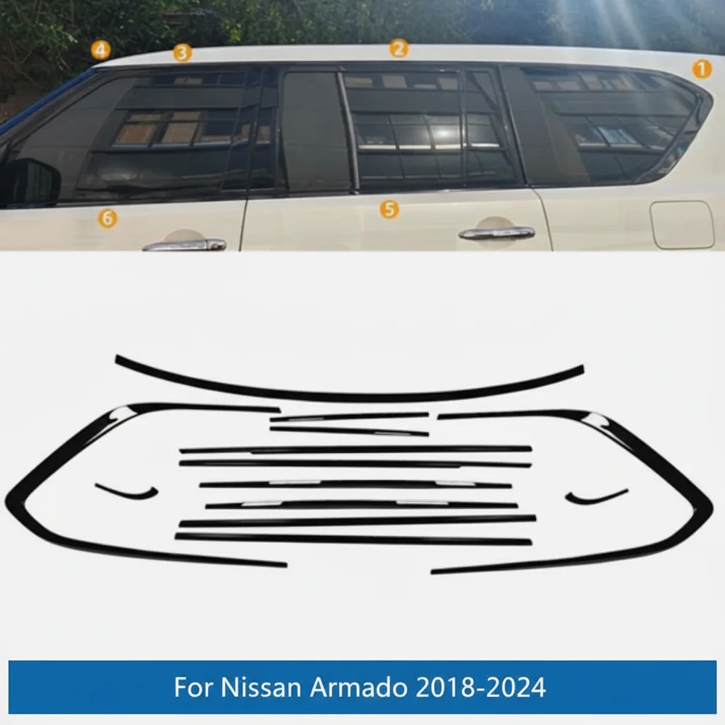 For Nissan Armada 2018-2024 Gloss Black Window Molding Trim Frame Strips 13pcs Car Accessories
