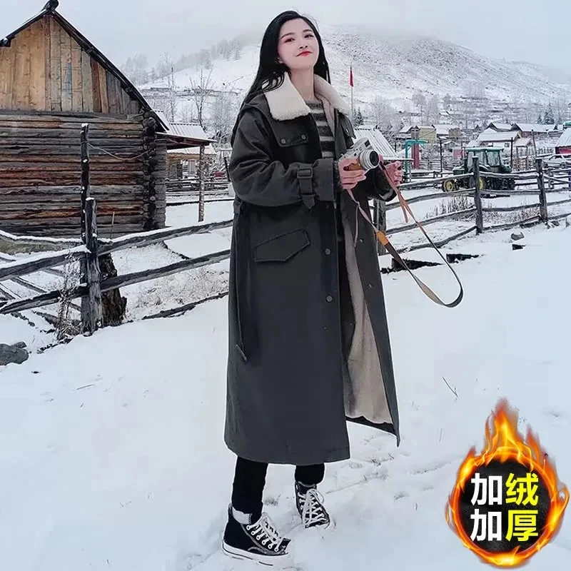 Women Thicken Parka Winter New Work Clothes Loose Cotton Jacket Windproof Women Casual Lined lamb wool Warm Long Overcoat XQ330