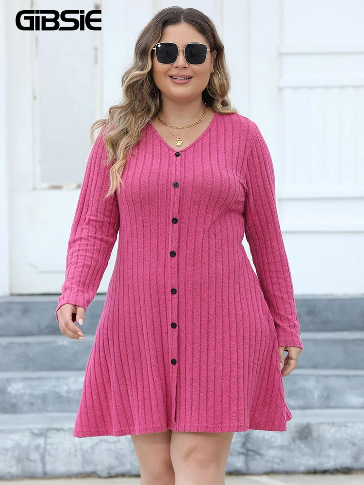 GIBSIE Plus Size Solid Button Front Ribbed Knit Dress Women 2023 Fall Casual Long Sleeve V Neck Mini Dresses Without Belt