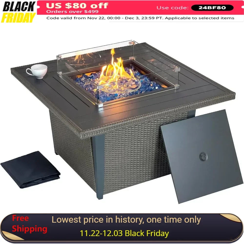 42-Inch Propane Gas Fire Pit Table，50,000 BTU, CSA Certified, Includes Wind Guard & Fire Glass，Outdoor Rattan Patio Firepit