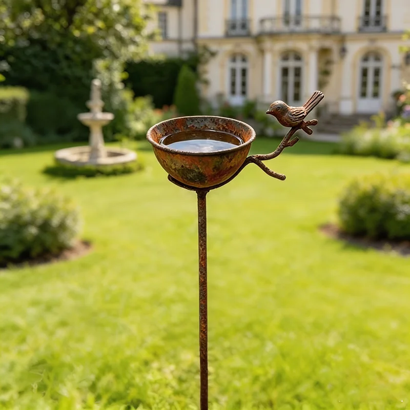 Retro-Metall-Bodenspieß Zwei-in-Eins-Vogelfutter- und Wassernapf - Rustikale Oberfläche für Außen-, Garten-, Rasen- und Terrassendekoration – Detail 1