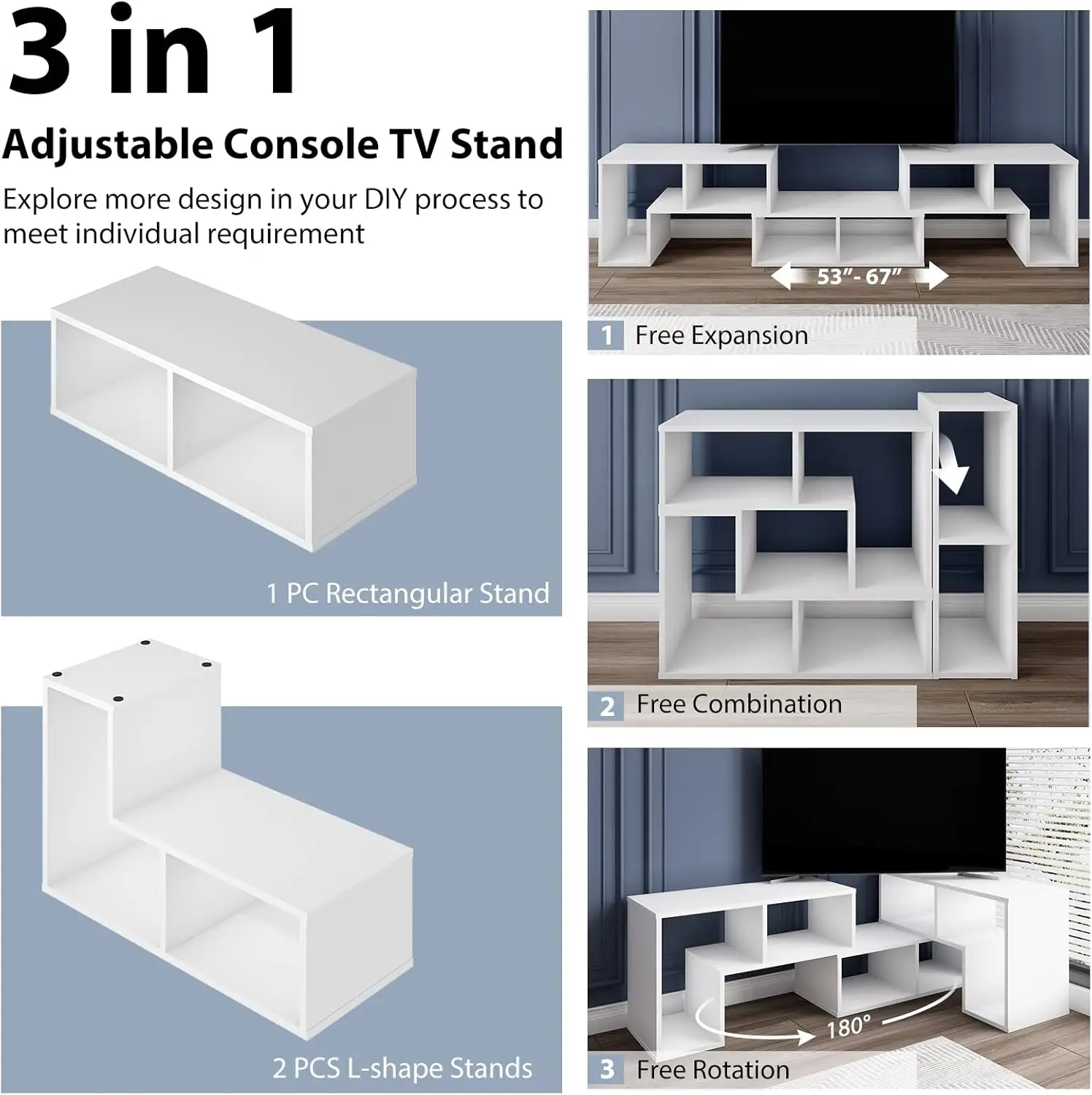 3 Pieces Console TV Stand, Free-Combination Entertainment Center for 50 55 60 65 Inch TV, Minimalist Modern TV Media Stand