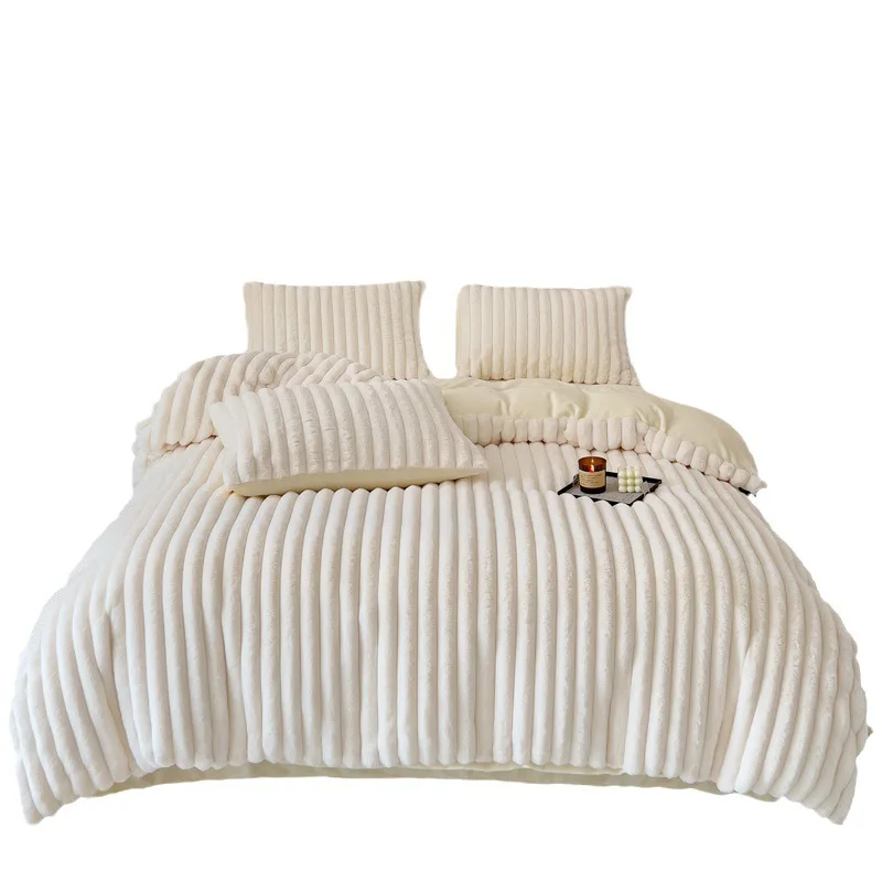 Juego de ropa de cama de pelo de conejo suave, ropa de cama esponjosa y cálida de invierno, juego de sábanas de cama doble, funda de edredón, juego de sábanas con funda de almohada