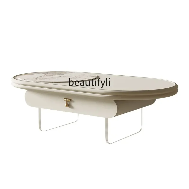 

zq Stone Plate Coffee Table Light Luxury Modern Living Room Home Oval Acrylic Milky White Small Table with Drawer