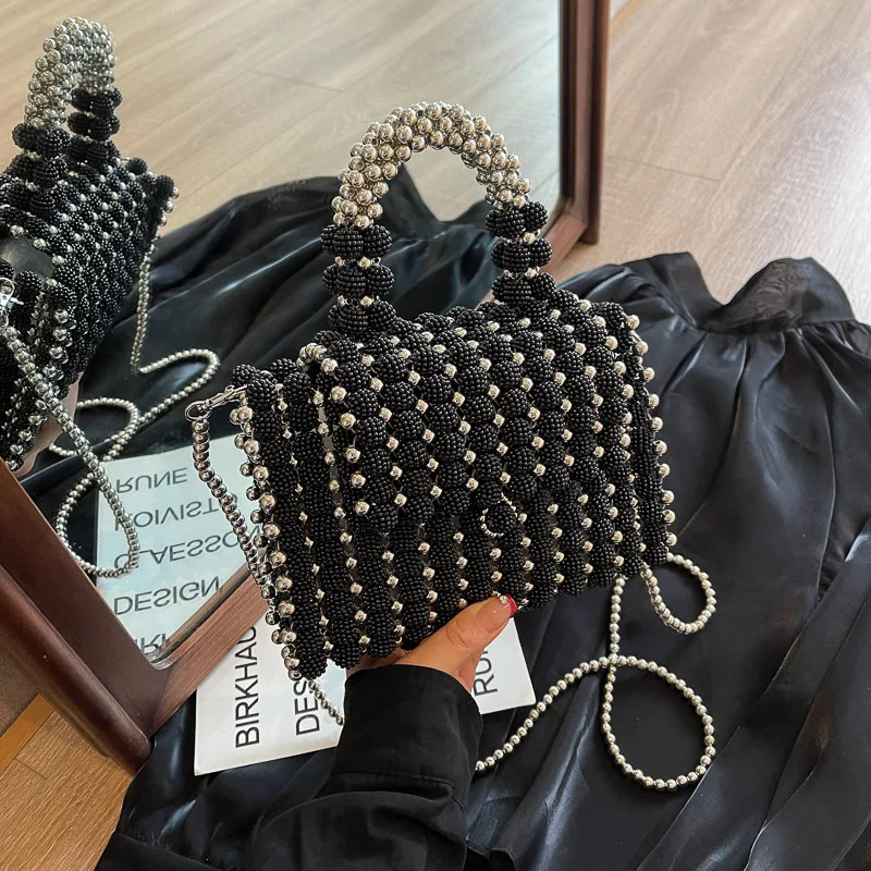 Unique Handmade Bead Wedding Party Handbag Black Purse Totes Women Evening Tote Bags Designer Hollow Out Clutch Purse 2024 New