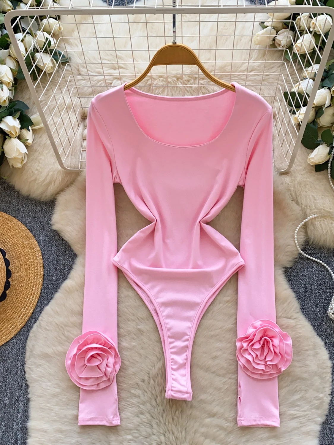 

Commute Style Women's Slim Fit Long Sleeve Onesie Inner Wear High Waist Short Pants 3D Flower Print Sexy Pink One-Piece Suit