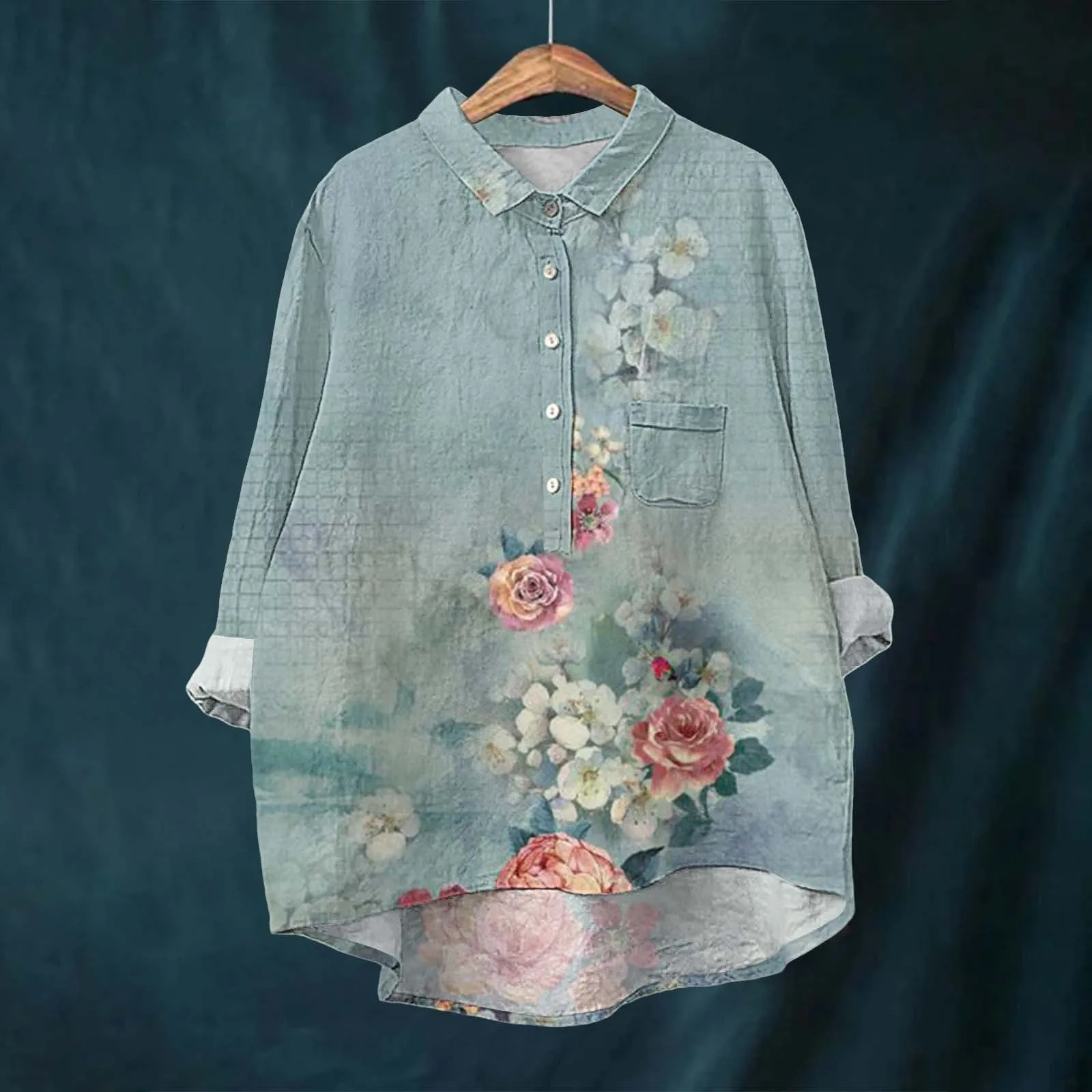 Blus Vintage motif bunga, baju katun lengan panjang Linen kasual leher Lapel depan berkancing cetak bunga seni