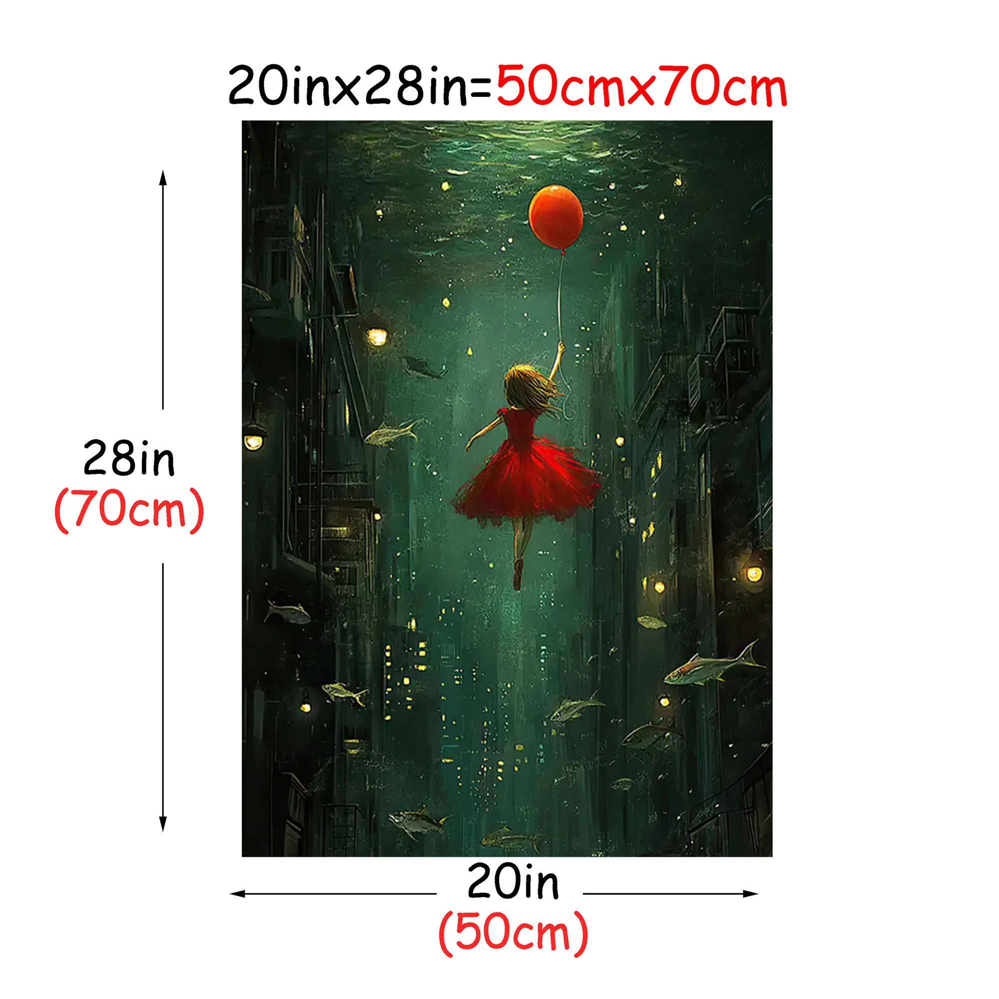 1pc Frameless Dream Cityscape Canvas Art – Whimsical Girl in Red Dress & Floating Fish, Imaginative Underwater Scene with Bal