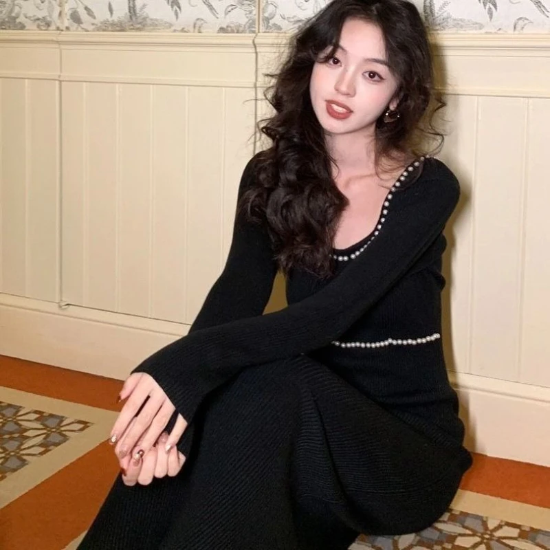 Robe en tricot pour femmes, perles, élégante, confortable, tendance coréenne, Harajuku, haute qualité, rétro, robes au Crochet, fête de bal, nouvelle collection