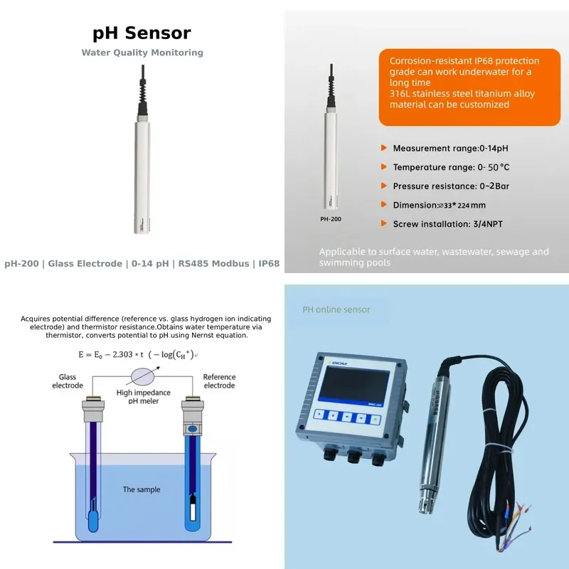 for PH-200 In-line pH Sensor Glass Electrode 0-14pH RS485 Modbus IP68 for Wastewater Surface Water Industrial Aquaculture