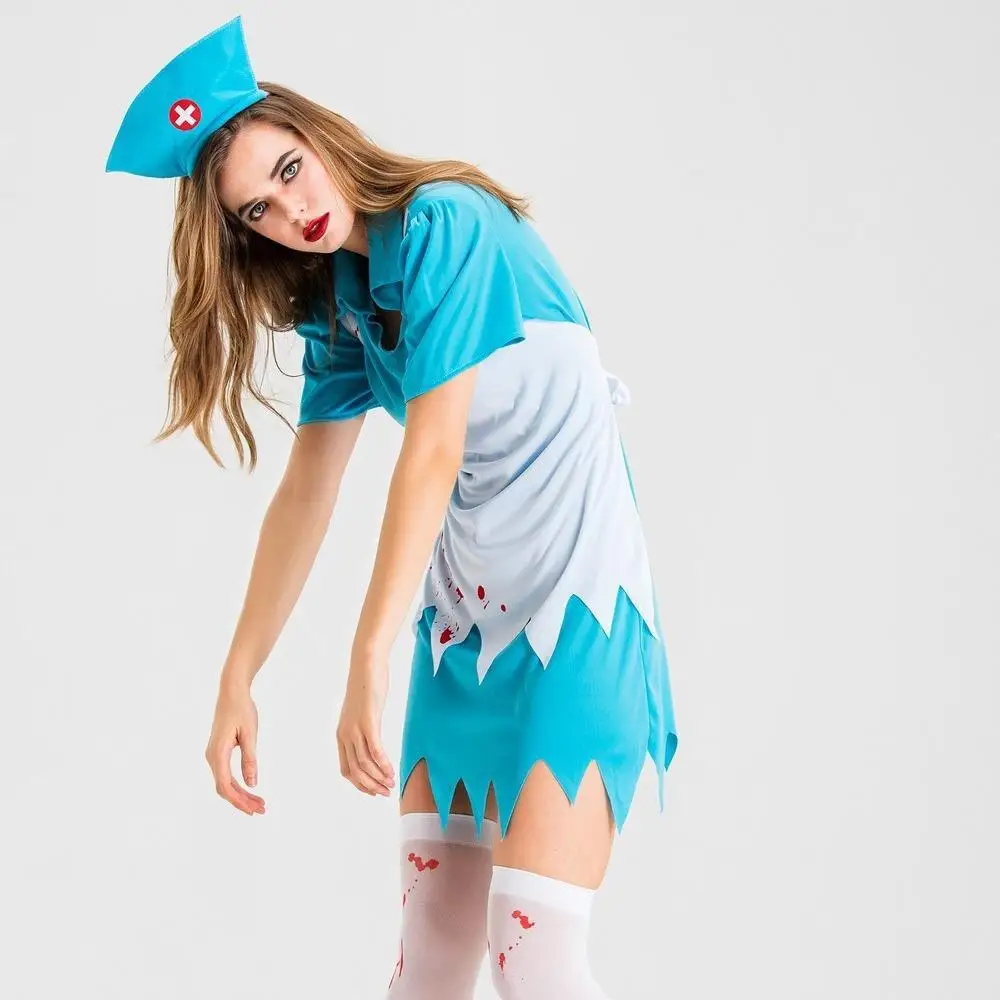 loween Horror Nurse Costume Bloodstained Servant Zombie Roleplay Outfit Women's Faion Festival Par Costume