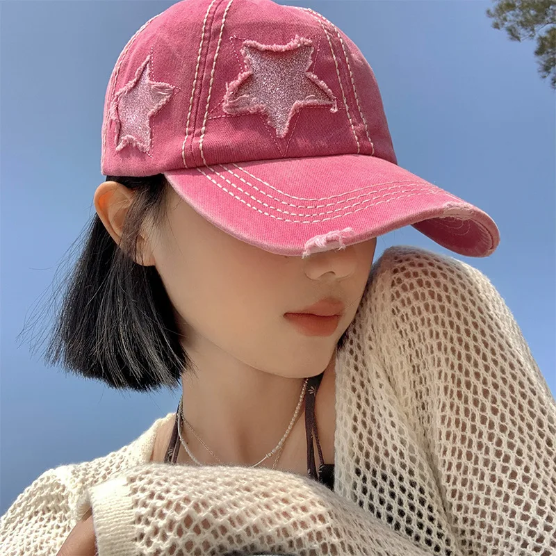 Vintage Pink Ripped Baseball Cap for Women Korean Fashion Summer Accessories Vacation Hat Outdoors Sun Peaked Caps Female 2024