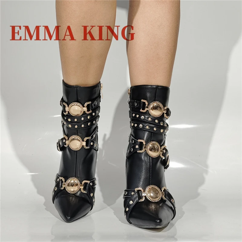 برشام حزام مشبك حذاء من الجلد مثير أشار تو الخنجر الكعوب أحذية بوت قصيرة الجانب سستة مثير عرض مأدبة الحفلات أحذية نسائية 47