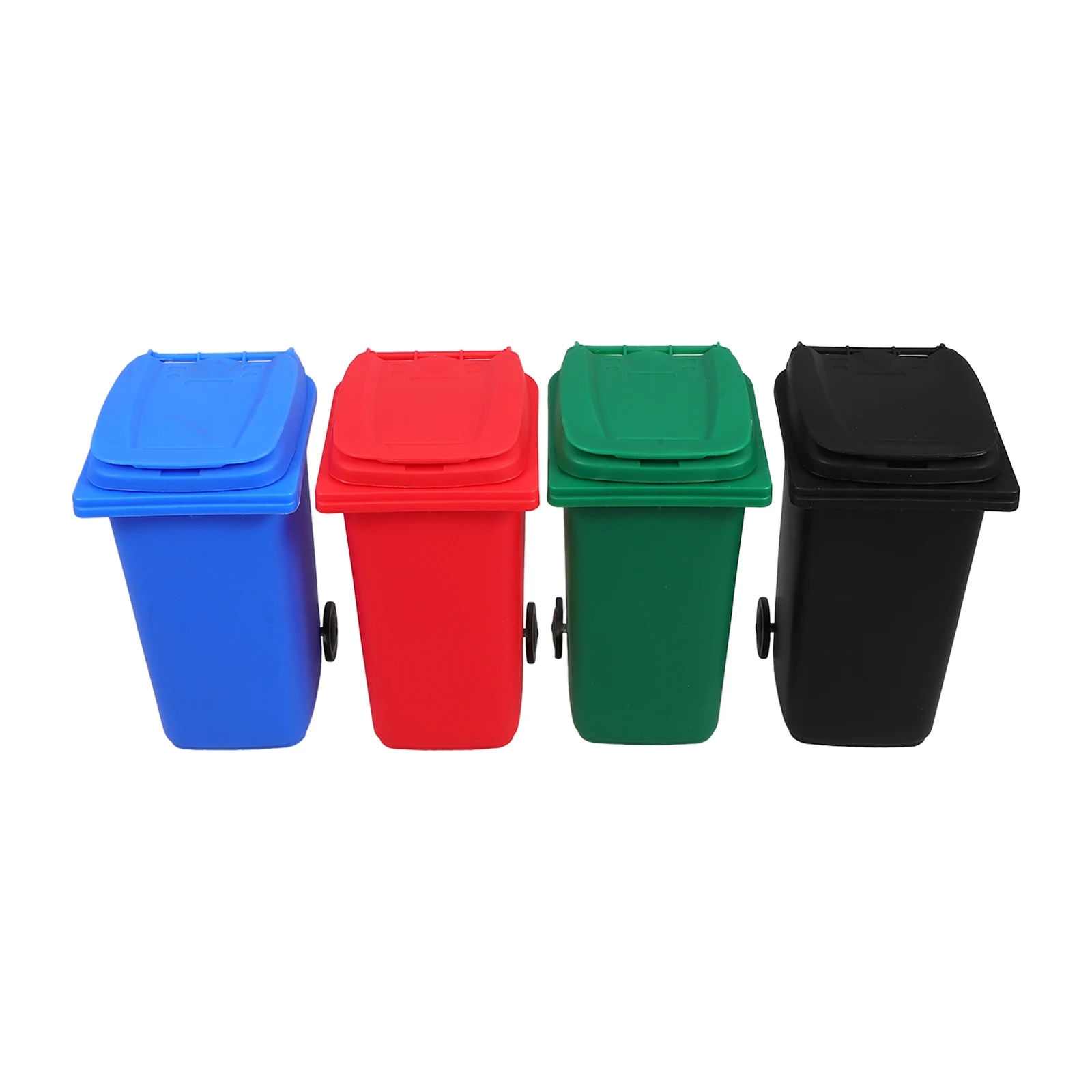 4Pcs Mini Garbage Can Pencil Holder Cute Hard Plastic Pen Storage Box with Lid and Wheels Vibrant Colors Desk Organization